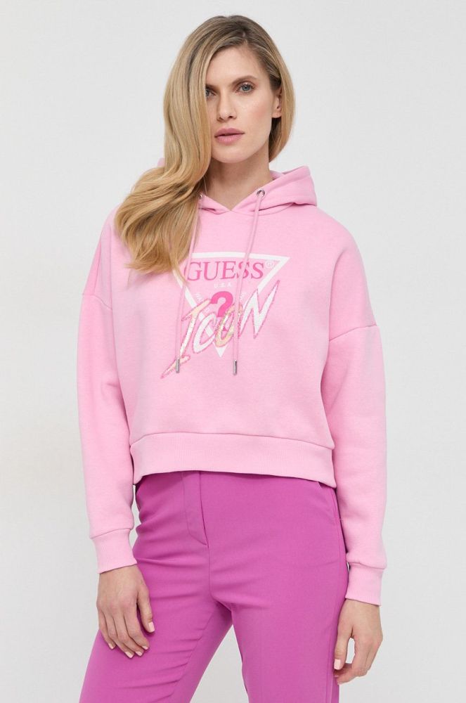 Кофта Guess жіноча колір рожевий з капюшоном з аплікацією (2896252)